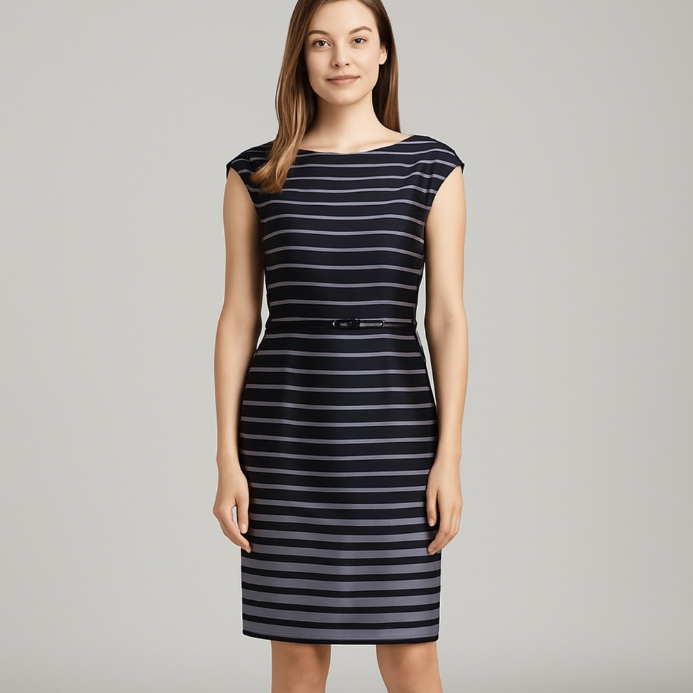 Connected Apparel Black & Gray Striped Sheath Dress – Size 12, NWT